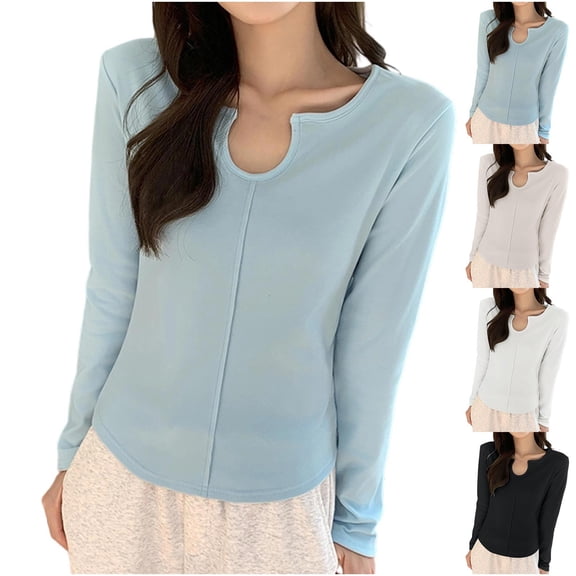 huaimei Women'S Solid Color Long-Sleeve V-Neck Casual Base Layer Tops Nylon Spandex