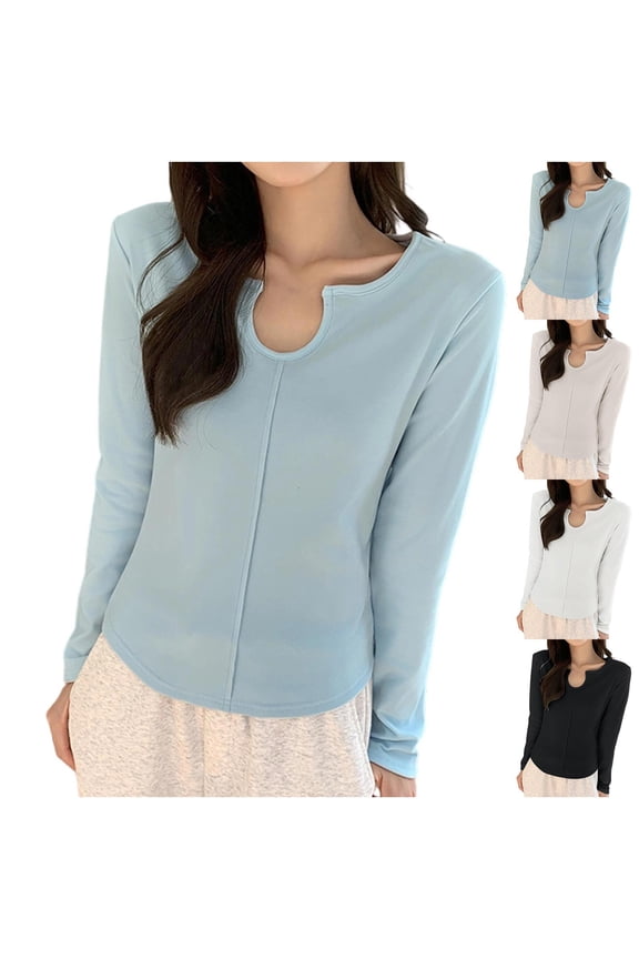 Women'S Solid Color Long-Sleeve V-Neck Casual Base Layer Tops Nylon Spandex