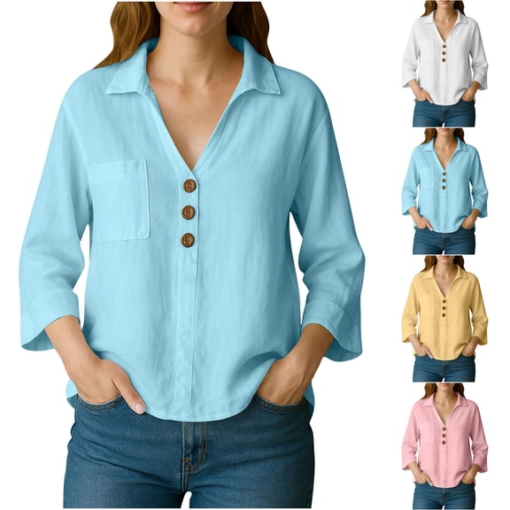 huaimei Women'S Turndown Collar Shirts Casual Long-Sleeve Button-Down Collar Regular Tops Cotton Linen Shirt