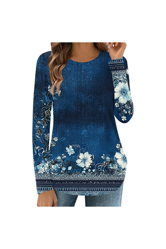 Womens Printed T-Shirts Loose Round Neck Long Sleeve Fashionable Casual Curved Hem Tops Navy