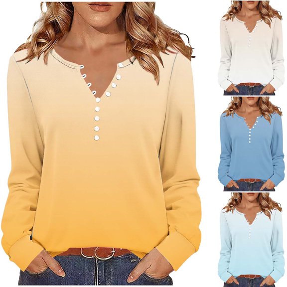 huaimei Womens T-Shirts Fashion Gradient Color Printed Winter V-Neck Open Button Long Sleeve Blouses Tops