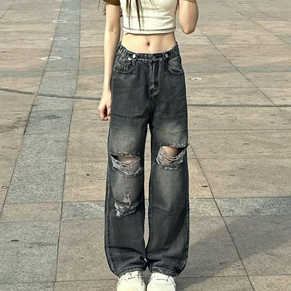 huaimeiWide Leg Jeans for Women Fashion Ripped Loose Fit Denims With Pocket High Waisted Outdoor Straight Leg Jeans Summer Casual Y2K Trousers