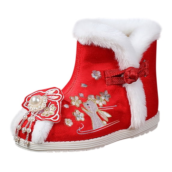 huajiao 1 Pair Girls Hanfu Shoes Chinese Embroidered Flower Flat Retro Ethnic Slope- Heel Shoes Vintage Floral Silk Shoes