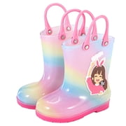huajiao 2 to 14 Years Kids Rain Boots for Girls Toddler Shoes for Rainy Days Rubber Cute Girls Printed with Easy On Handles