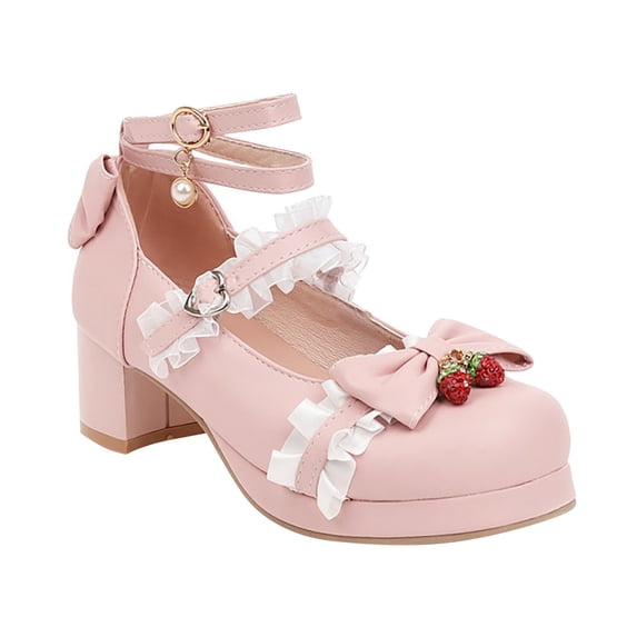 huajiao Teen Girls 𝗟olita Shoes Ankle Strap Mary Jane𝘀 Chunky Dress Pumps Kawaii Shoes Girls Floral Lace Straps Leather Pumps