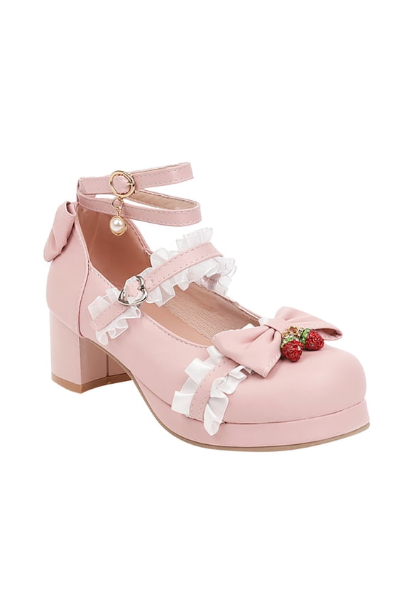 Teen Girls 𝗟olita Shoes Ankle Strap Mary Jane𝘀 Chunky Dress Pumps Kawaii Shoes Girls Floral Lace Straps Leather Pumps