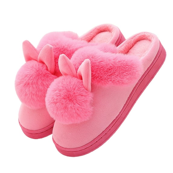 huanledash 1 Pair Candy Color Anti-skid Cotton Slippers Thick Bottom Women Slip-on Rabbit Ear Flat House Slippers for Daily Life