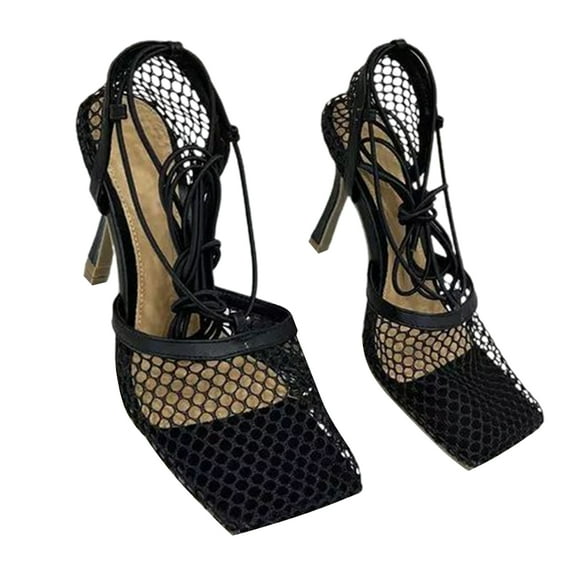huanledash 1 Pair Women Sandals Hollow Mesh Faux Leather Cross-tied Bandage High Heels for Party
