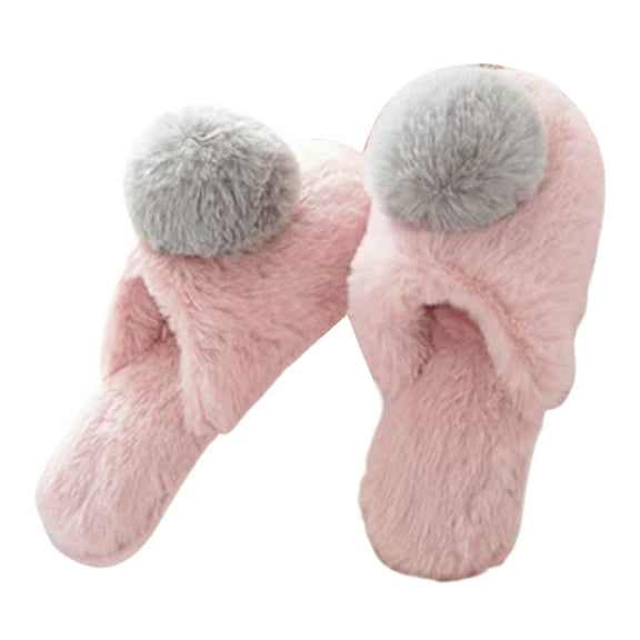 huanledash Autumn Winter Women Cute Pompom Thick Warm Plush Anti Skid Slippers Indoor Shoes