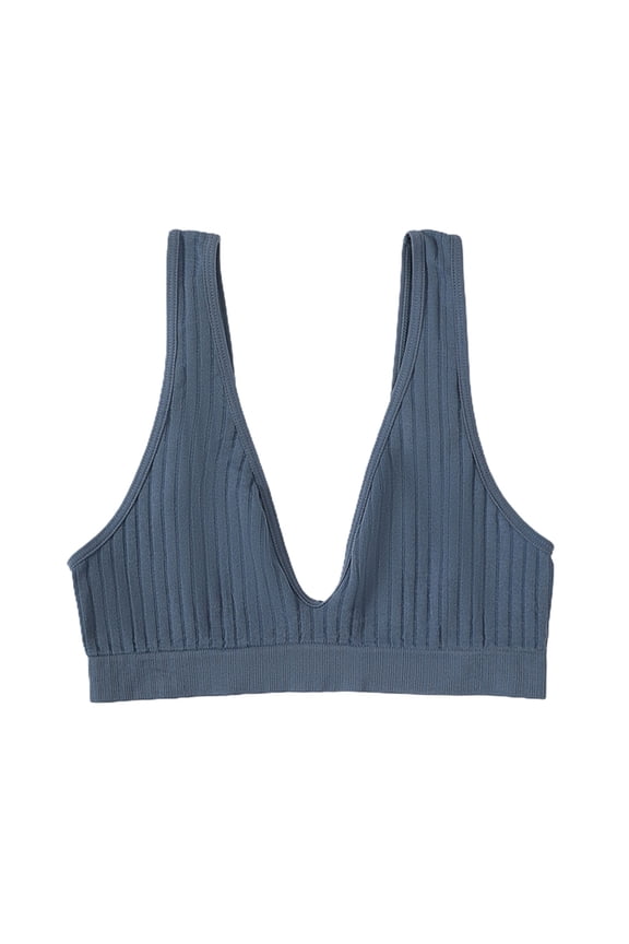 Deep V-neck Wide Shoulder Straps Ribbed Women Bra Seamless Push Up Gym Underwear Female Clothing