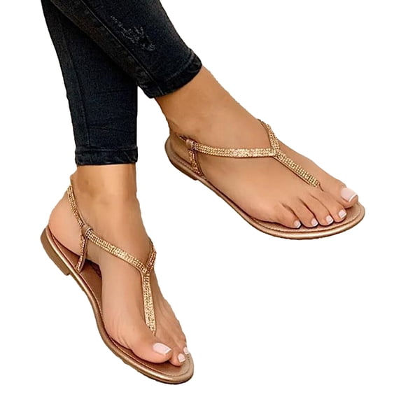 huanledash Flip Flops Sandals Rhinestone Toe Separator Women Strappy Flat Anti Skid Sandals for Beach