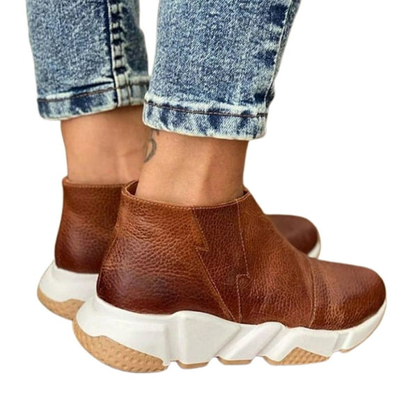 huanledash Short Boots Zipper Closure Round Toe Side Flat Bottom Solid Color Retro Short Boots for Women