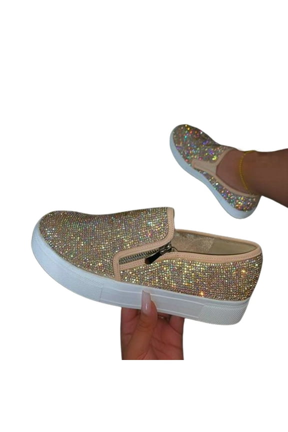 Stylish Women Slip On Shiny Rhinestone Zipper Platform Shoes Low-cut Sneakers