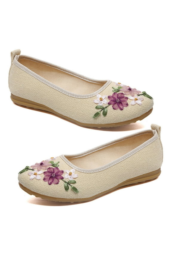 Vintage Embroidered Women Flats Flower Slip On Round Toe Shoes Loafers Ballerina