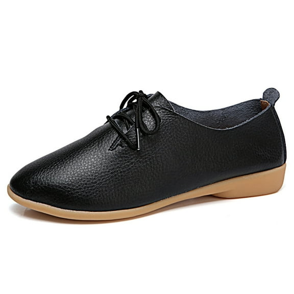huanledash Vintage Women Faux Leather Shoes Round Closed Toe Lace-up Anti Skid Loafers