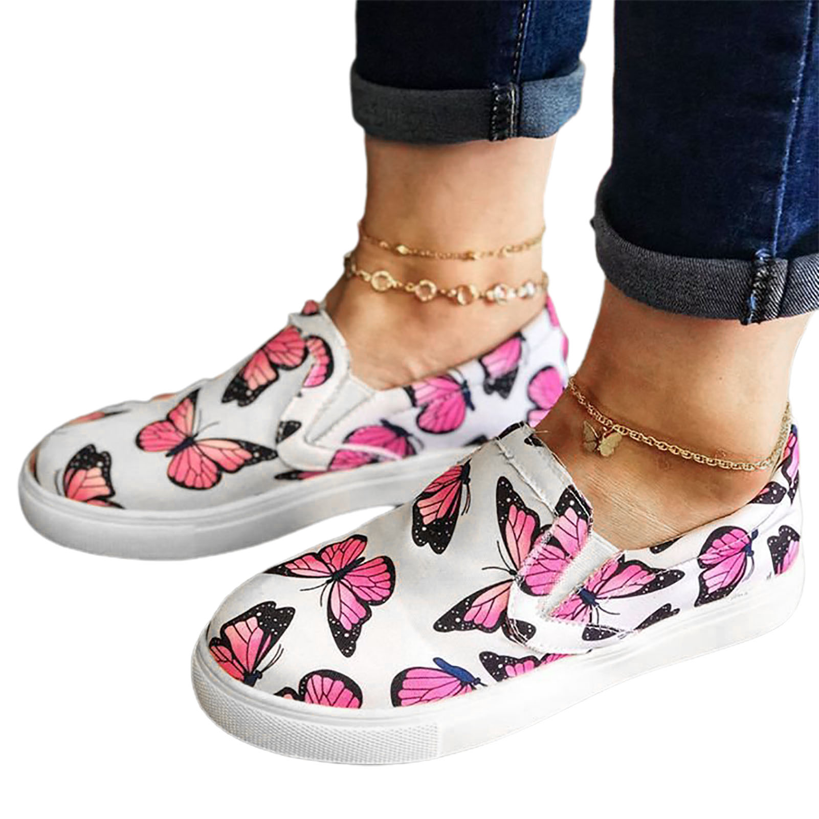 Turquoise Butterfly Print Women's Slip On Sneakers
