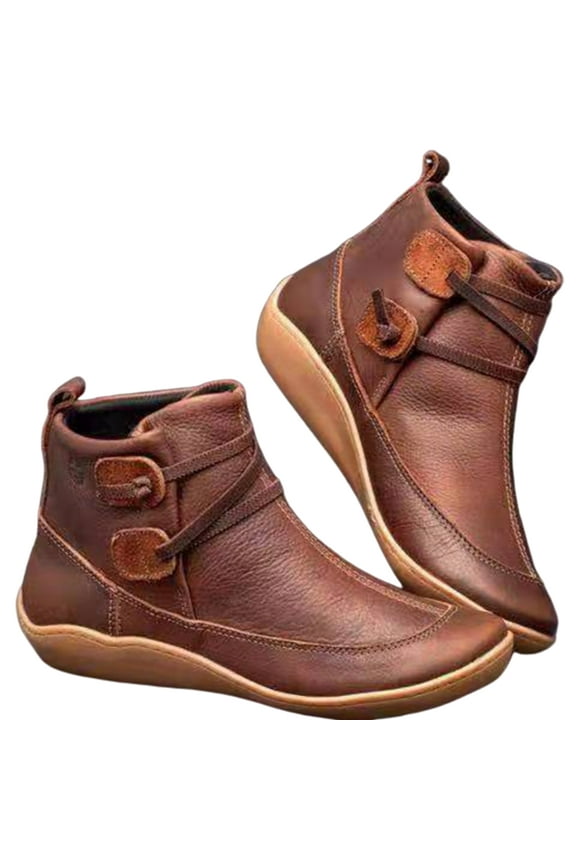 Women Faux Leather Lace Up Low Heel Flat Ankle Boots Plush Liner Warm Shoes