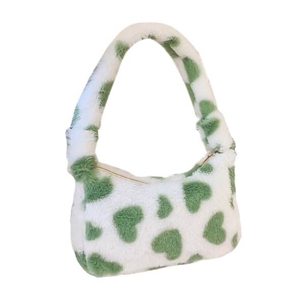huanledash Women Handbag Soft Fluffy Faux Fur Plush Top Handle Gift Fuzzy Love Heart Print Single Shoulder Bag Dating Use