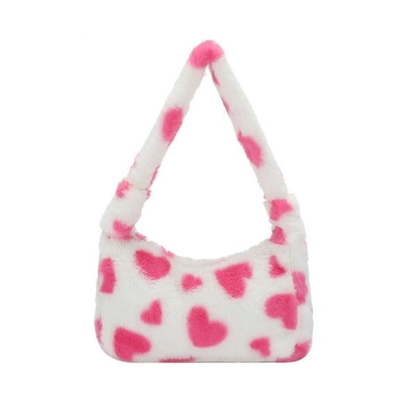 huanledash Women Handbag Soft Fluffy Faux Fur Plush Top Handle Gift Fuzzy Love Heart Print Single Shoulder Bag Dating Use