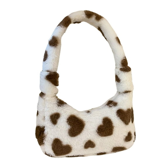 huanledash Women Handbag Soft Fluffy Faux Fur Plush Top Handle Gift Fuzzy Love Heart Print Single Shoulder Bag Dating Use