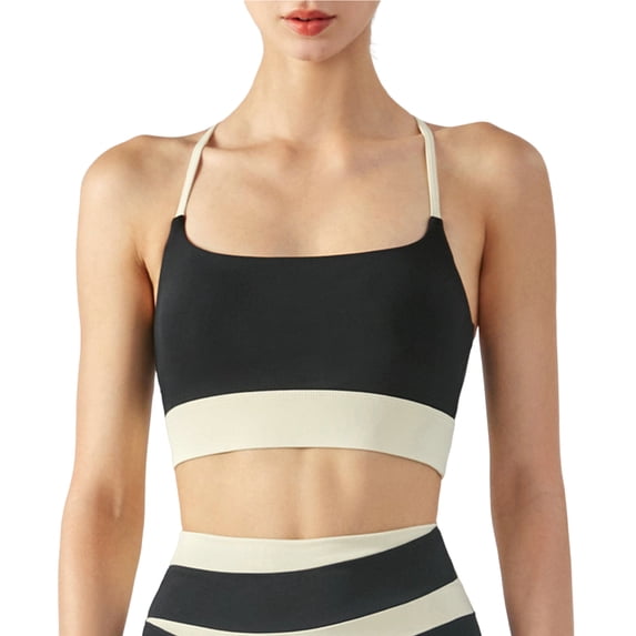 huanledash Women Sports Bra Cross Back Gather Contrast Color High Elasticity Soft Support Breast Sweat Absorption Spaghetti Strap Lady Sports Vest for Gym