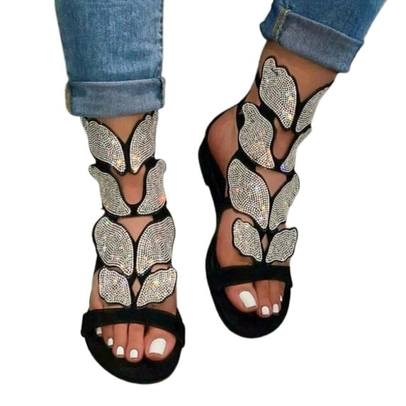 huanledash Women Summer Casual Flat Non-slip Open Toe Butterfly Rhinestone Sandals Shoes