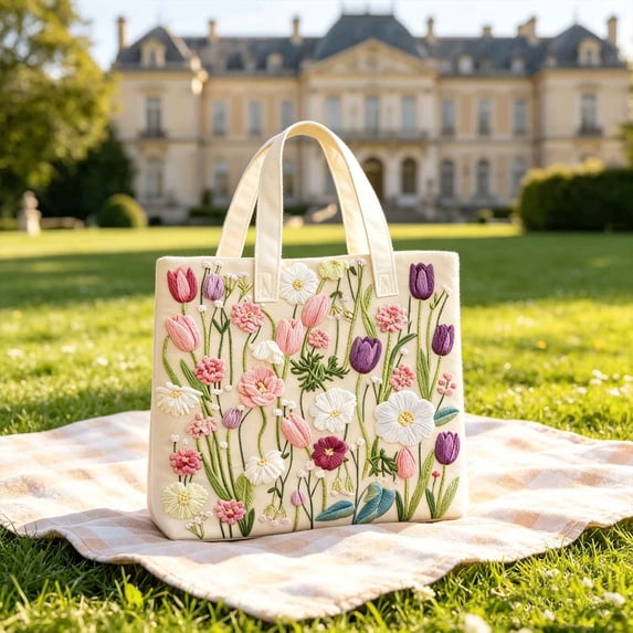 huayou 12.20x12.60 inch Quilted Tote Bag, Tulip Wildflower Digital Print Large Capacity Zipper Handbag, Floral Shoulder Bag Decoration for Work Travel