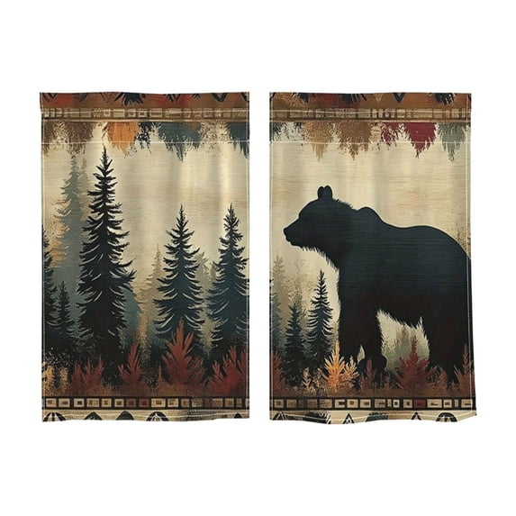 huayou 2 Pack Printed Kitchen Tier Curtains, 27.56x39.4 Inch Bear Pine Tree Forest Pattern Short Window Curtains, for Indoor Kitchen Cabin Lodge Home Window Decor
