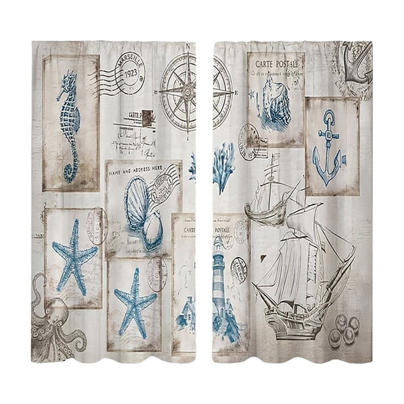 huayou 2 Pack Printed Kitchen Tier Curtains, 27.56x47.24 Inch Vintage Nautical Starfish Seahorse Anchor Postcard Short Window Curtains for Indoor Kitchen Coastal Home Decor