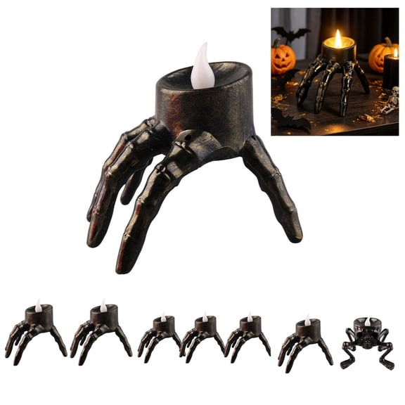 huayou 3.54in x 2.75in Skeleton Hand LED Candle Holder, Halloween Spooky Decor Light, Fake Flame Tealight Lamp for Indoor Party, Haunted House Tabletop Ornament, 1pcs