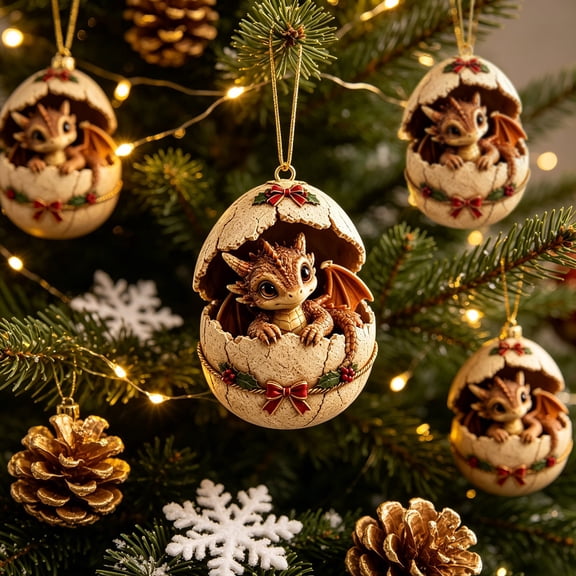 huayou 3D Hanging Dragon Egg Figurine, Brown Hatchling Dragon in Cracked Egg Ornament with Red Bow for Christmas Tree and Winter Holiday Decorations