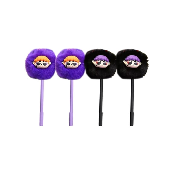 huayou 4pcs Cute Cartoon Figure Gel Pen with 0.5mm Black Ink and Fluffy Decor, for Desk Writing Daily Note Taking