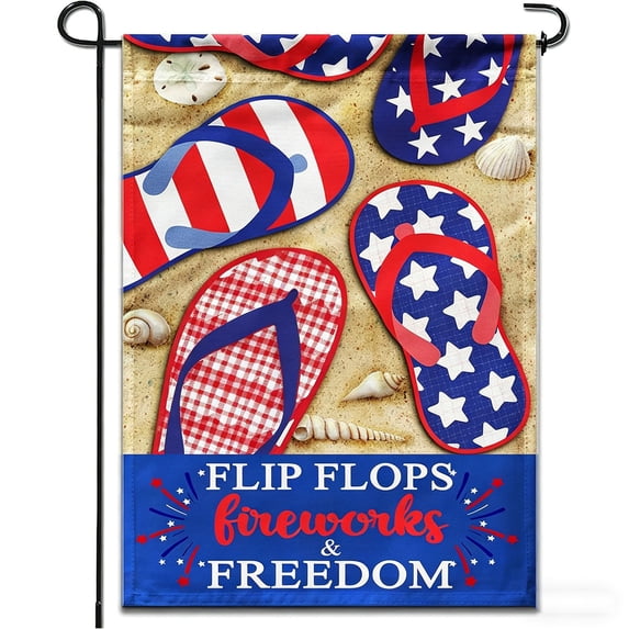 huayou 4th of July Patriotic Red White Blue Flip Flops Garden Flag with Fireworks and Freedom, Independence Day USA Flag Star Yard Decoration, for Outdoor Home Decor