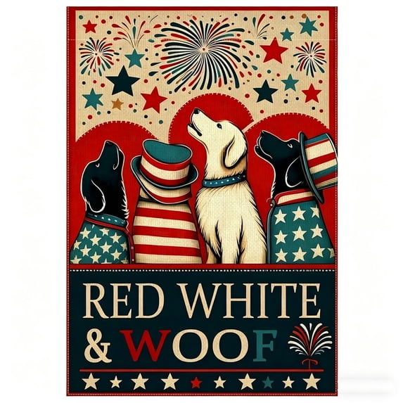 huayou 4th of July Vintage Patriotic Red White Blue Cartoon Woof Three Dog Garden Flag, Independence Day USA Flag Star Firework Yard Decoration, for Outdoor Home Decor