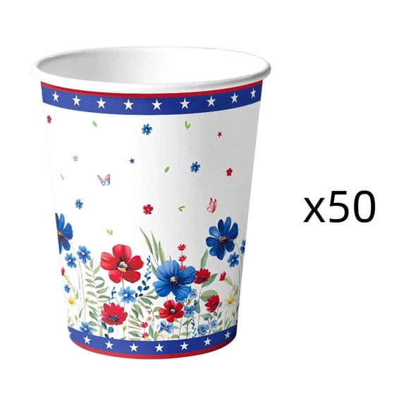 huayou 4th of July Theme Patriotic Tableware Set, Red White Blue Flower Pattern Printed, 50 Pcs Disposable Paper Cups, for Party, Picnic, Events