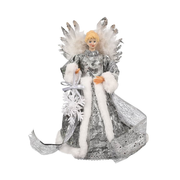 huayou Angel Tree Topper Figurine, Silver Sequin Outfit with White Feather Wing and Faux Fur Trim, Snowflake Accessory for Christmas Tree Top Indoor Home Holiday Decoration