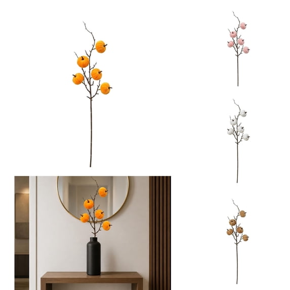 huayou Artificial Pumpkin Branch Stem, Yellow Fall Harvest Decor Pick, 24.41in Long Decorative Sprig for Vase, Thanksgiving & Halloween Table Arrangement