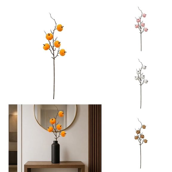 huayou Artificial Pumpkin Branch Stem, Yellow Fall Harvest Decor Pick, 24.41in Long Decorative Sprig for Vase, Thanksgiving & Halloween Table Arrangement