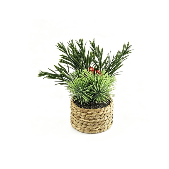 huayou Artificial Red Berry Pine Christmas Potted Plant Plastic Pine Sprig Red Berry Woven Rattan Pot for Entryway Console Window Sill Coffee Table Indoor Holiday Decoration