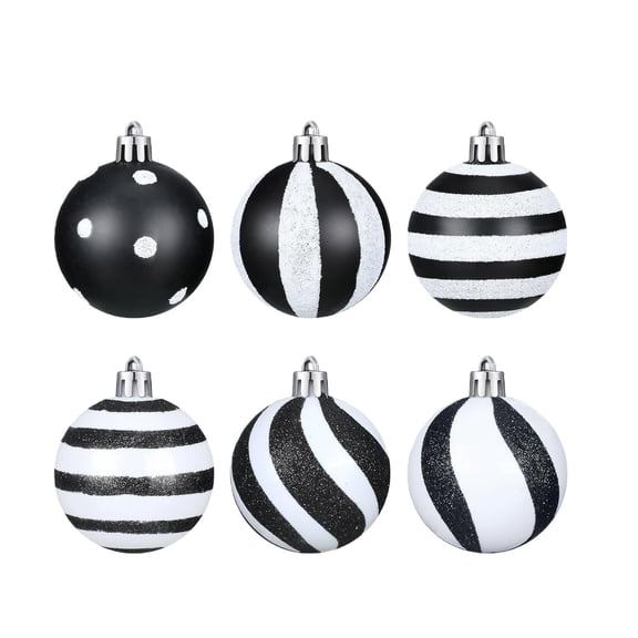 huayou Black White Glitter Christmas Ball Ornament Set, 24pcs Wave Stripe Polka Dot Pattern Plastic Baubles for Christmas Tree Hanging Indoor Home Holiday Decoration