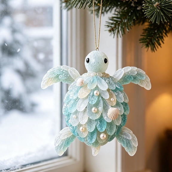 huayou Blue Sea Glass Sea Turtle Hanging Ornament W Faux Round Bead Seashell Details for Christmas Tree Nautical Holiday Decoration Cozy Warm Charming