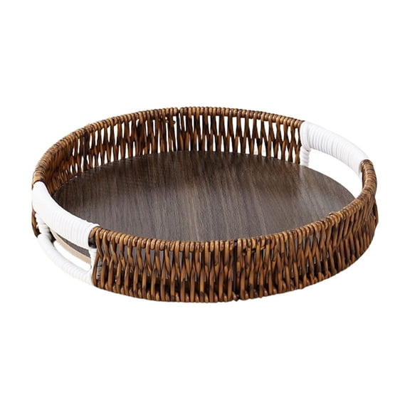huayou Brown Round Faux Rattan Small Storage Tray, White Woven Side Handles Mini Tabletop Basket, for Entryway Sundries, Desktop Small Goods