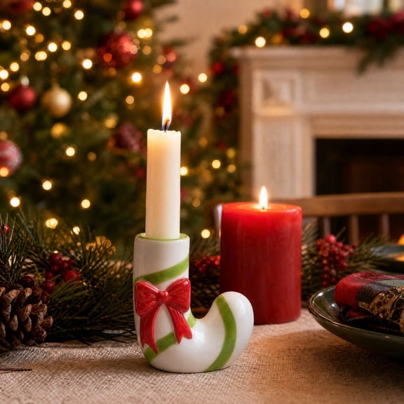 huayou Candy Cane Shaped Taper Candle Holder with Glossy Ceramic Finish and Bow, Festive Candlestick for Christmas Table Setting, Fireplace, Indoor Seasonal Display