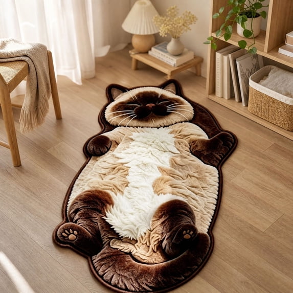 huayou Cat Shaped Area Rug, Lying Siamese Cat Print, Brown and Beige ...