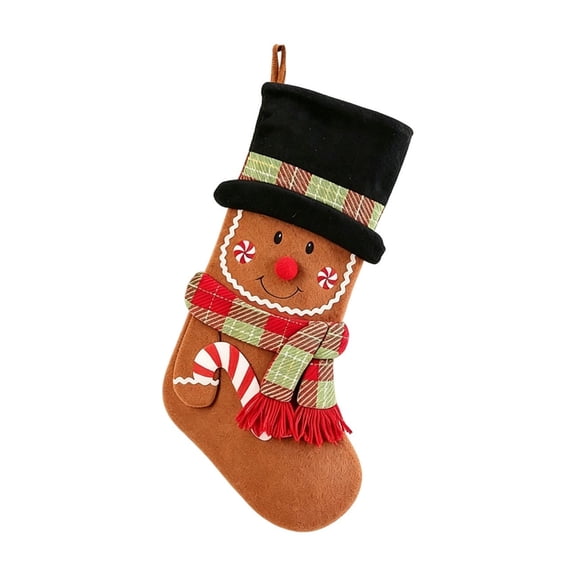 huayou Christmas Brown 10.4x19.2 inch Tall Hat Cuff Gingerbread Man Stocking, Plush Holiday Gift Bag, Decoration for Mantel Shelf, Sofa Side
