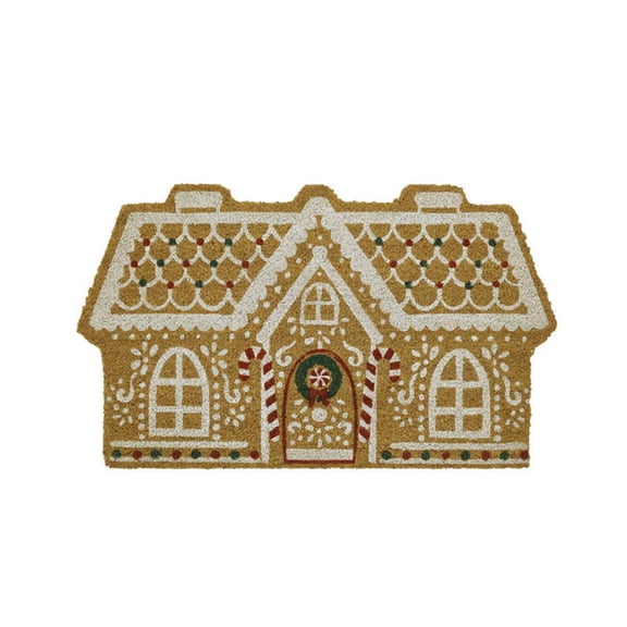 huayou Christmas Gingerbread House Shaped Front Door Mat, Printed Candy Cane Wreath Pattern Non Slip Absorbent Rug for Entryway Front Porch Indoor Xmas Home Decoration