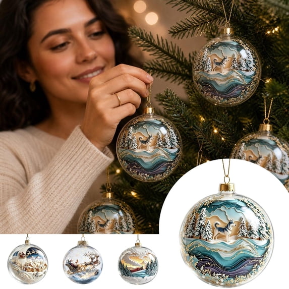 huayou Christmas Hanging Bauble, Husky Winter Forest Layered Print Ornament Ball, For Christmas Tree, Mantel, Window Hook, Shelf And Decor Branch Setup, 3.15 inch