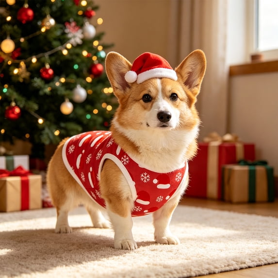 huayou Christmas Pet Sleeveless Vest, Santa Hat & Snowflake Printed Dog Cat Tank Top, Holiday Warm Clothes for Small Medium Pets, M Size