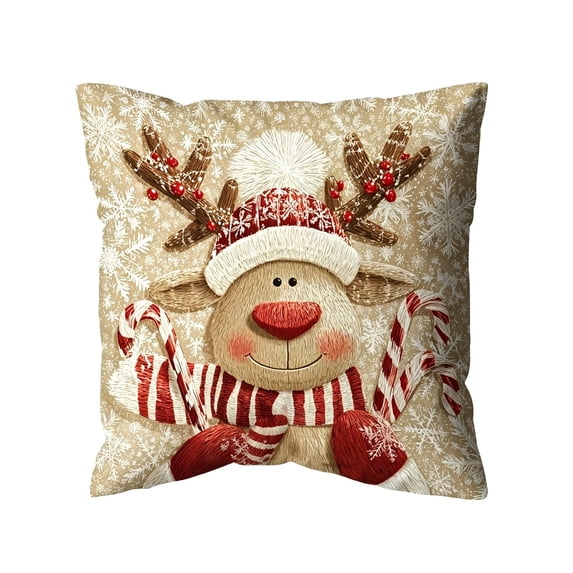 huayou Cute Elk Candy Cane Christmas Throw Pillow Cover 17.72×17.72in Soft Cushion Case for Sofa Couch Bedroom Living Room Farmhouse Holiday Decoration