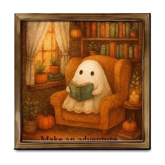 huayou Cute Ghost Reading Print Framed Art, 7.87x7.87 inch, Halloween Wall Ornament, Vintage Picture Decor for Living Room, Mantel, Indoor Seasonal Home Layout